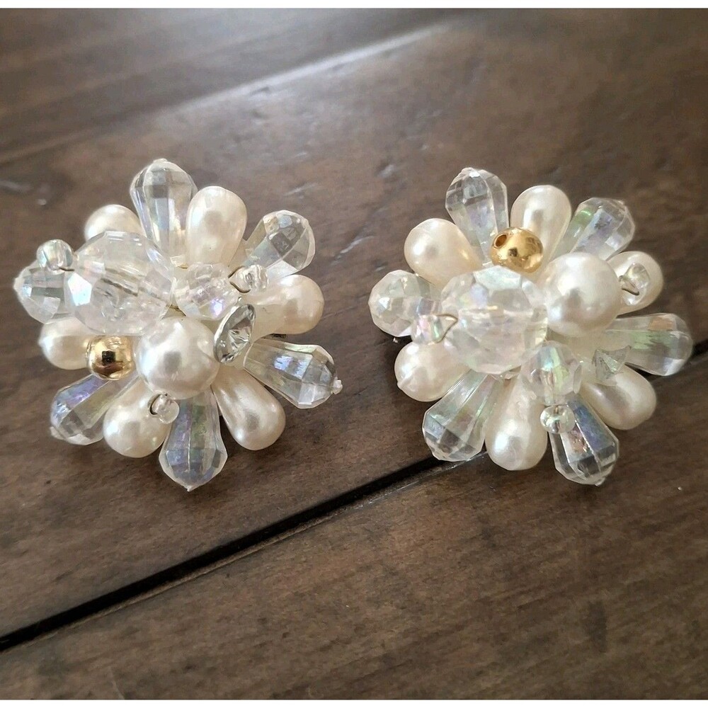 Vintage Faux Pearl And Rhinestone Clip On Earrings 1960s